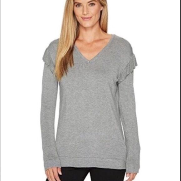 NWT CALVIN KLEIN V-NECK RUFFLE‎ LONG SLEEVE LIGHTWEIGHT KNIT SWEATER TOP SMALL - Picture 1 of 10